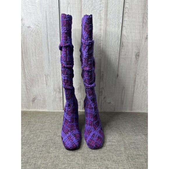 Betsey Johnson Womens 6.5 Purple Tweed Plaid Knee High Boots w/ Rhinestone Heels - Picture 5 of 12